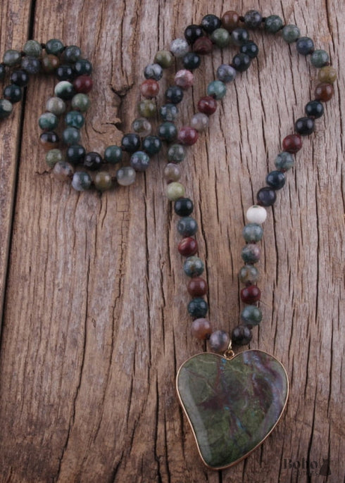 Boho Necklace, RH India Agated Green Heart Natural Stone